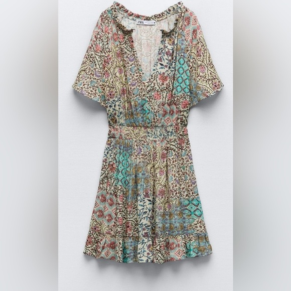 Zara Paisley Print Chiffon Ruffled Short Sleeve dress Size Medium - Picture 2 of 10